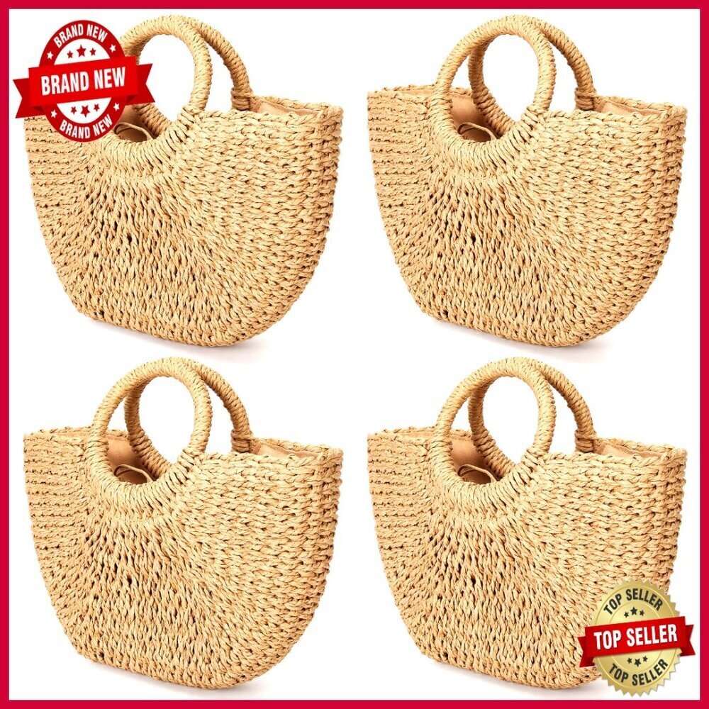 4-Piece Rattan Straw Tote Set, Large Capacity Travel Beach Bag
